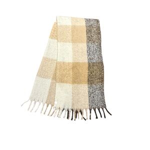 Lucky Brand Ivory, Camel and Charcoal Plaid Fringe Scarf 80”
